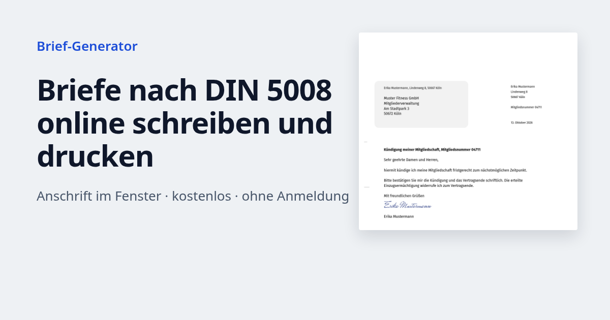 Brief-Generator share image: a DIN 5008 letter next to the headline 'Briefe nach DIN 5008 online schreiben und drucken'